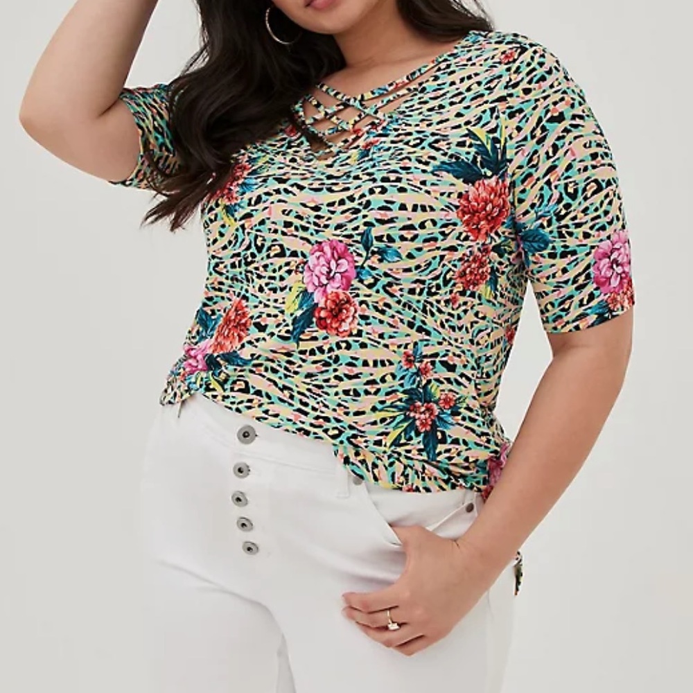 Floral Leopard Super Soft V-Neck Strappy Tunic - Picture 4 of 7